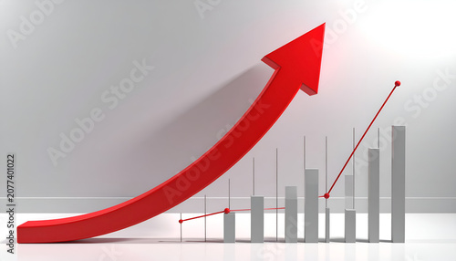 3D Red Arrow Graph Showing Upward Trend and Growth.