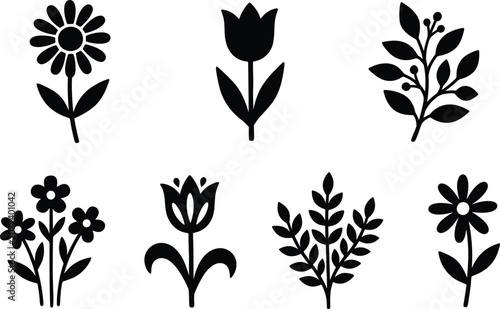 Minimalist black flower and leaf silhouette icon set isolated on white background vector illustration