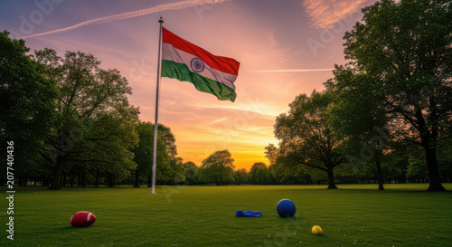 India national flag waving on a tall pole in a green park during a beautiful sunset with trees and lawn bowls balls