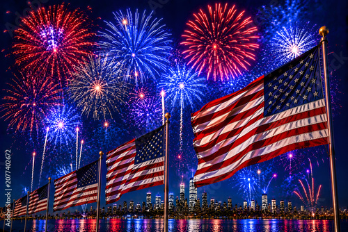 Fireworks display with waving American flags against a clean blue patriotic sky