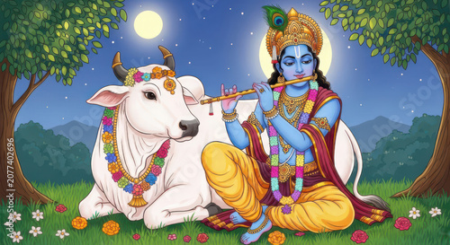 Lord Krishna playing the flute with a white holy cow in a peaceful nature landscape at night under the bright full moon