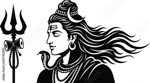 Lord Shiva side profile vector illustration with trishul trident isolated on white background