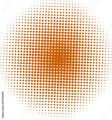 Radial halftone pattern with dense orange circles in the center that fade out toward the edges.