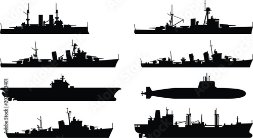 Bild auf Leinwand Military Naval Warship and Submarine Silhouette Collection Vector Set Featuring