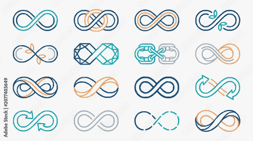 Fototapeta premium Industrial Infographic Showcasing Creative Infinite Loop and Infinity Symbol Designs with Various Colors and Styles