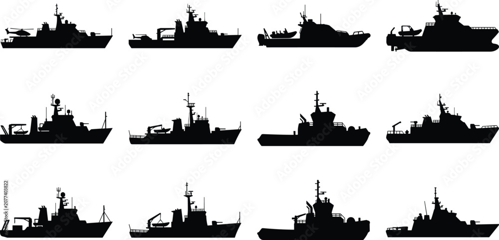 Fototapeta premium Modern Naval Patrol Boat and Military Warship Silhouette Collection Vector Set for Maritime Defense and Security Applications