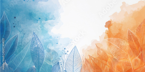 Abstract blue and orange watercolor background with transparent skeleton leaves and white copy space