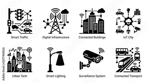 Smart city technology icon vector collection featuring traffic systems, digital infrastructure, connected buildings, IoT city, urban tech, smart lighting, surveillance, and transport for futuristic de