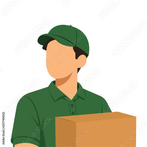 Male Courier Faceless Avatar Vector, Delivery Man in Green Uniform and Cap Holding Cardboard Box