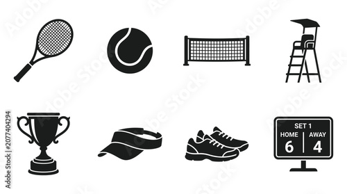 Tennis and sports icon vector collection featuring racket, ball, net, umpire chair, trophy, headband, shoes, and scoreboard for athletic, training, and competition design projects.