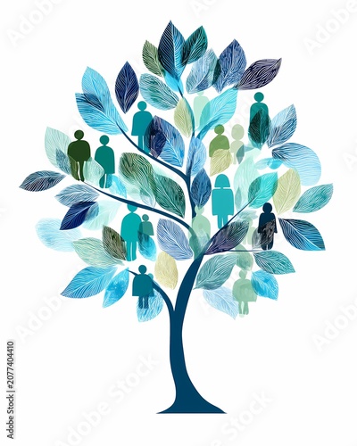 minimal family tree vector illustration with human figure leaves representing generations and genealogy