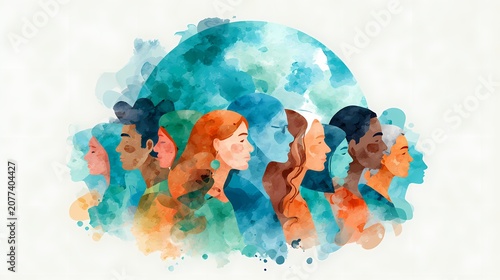 world population day watercolor vector illustration of diverse multicultural people around planet earth