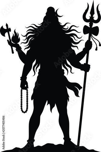 Lord Shiva black silhouette vector holding trishul trident and ax isolated on white background