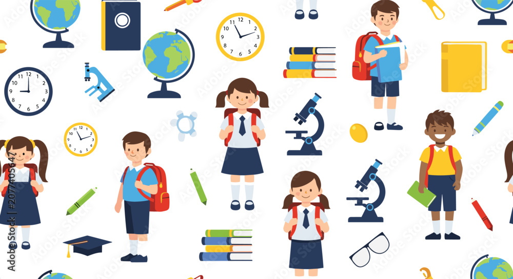 Fototapeta premium Seamless pattern of diverse school children wearing backpacks surrounded by educational icons like globes microscopes books and clocks.