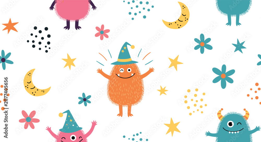 Naklejka premium Whimsical seamless pattern featuring colorful fuzzy monsters wearing wizard hats amidst stars flowers and crescent moons on white background.