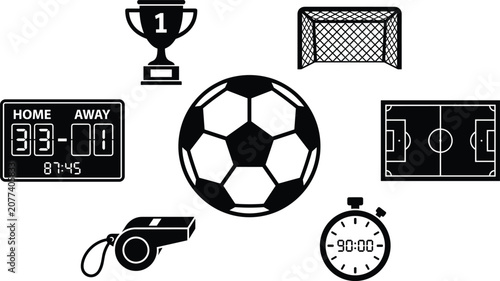 Soccer and football black icon set with ball scoreboard field trophy whistle and stopwatch elements