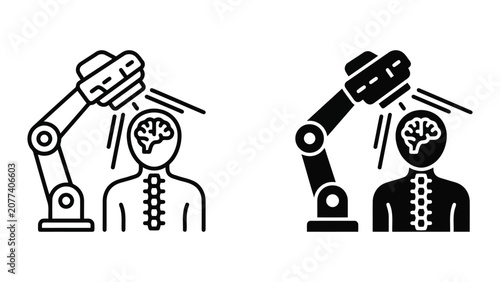 Robotic medical surgery icon featuring robotic arm performing brain scan on human patient in outline and solid black vector style for advanced healthcare technology and neurosurgery concepts