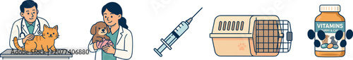 Veterinary Pet Care Icon Set Featuring Veterinarians Examining Cat and Puppy Medical Syringe Vaccine Travel Carrier Box and Health Vitamin Bottle Supplements