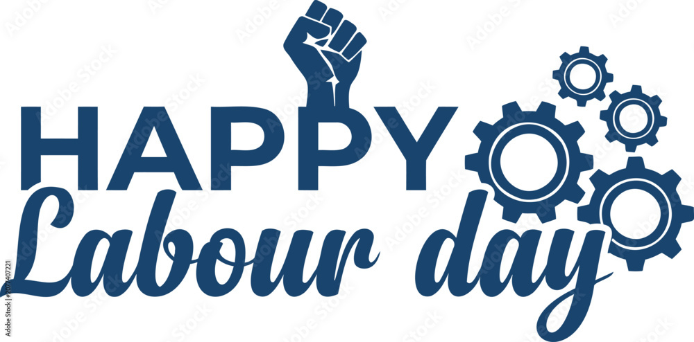Naklejka premium Happy labor day silhouette graphic with raised fist and gears isolated on transparent background