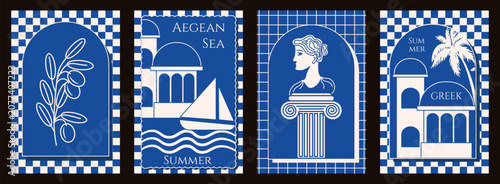 Mediterranean Greek Summer poster cover set. Vector hand drawn olive branch, ancient Greek statue on the ceramic column, Santorini building, sea and ship. Trendy 2027 Summer  card collection. EPS 10
