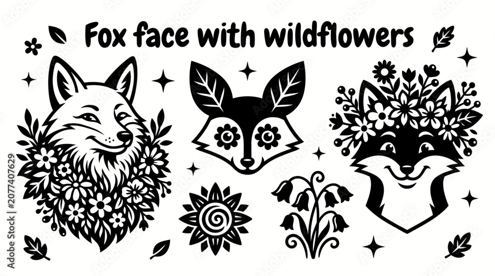 Obraz premium Fox face combined with wildflowers vector collection isolated for cute animal illustrations, nature artwork, and botanical design themes. Black and white sketch style featuring