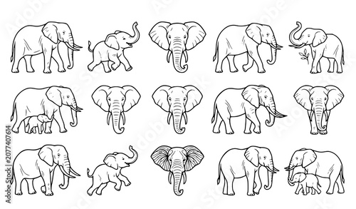 Canvas Print Elephant Line Icon Set Wildlife Animal Collection Vector Outline Illustration Bu