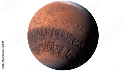 Red planet surface with deep canyons and craters