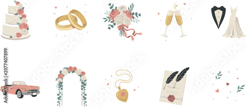 Wedding Celebration Vector Icon Set with Cake Rings Bouquet Champagne Glasses Bridal Gown Tuxedo Vintage Car Arch and Invitation Card Elements