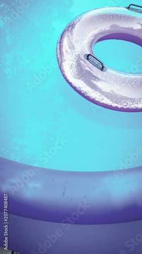 Cooling off during extreme summer heat. Home inflatable pool supporting backyard relaxation during heatwave while global warming driving record temperatures. Transparent swim ring floating on blue