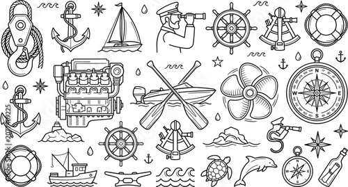 Fotografie Marine and nautical vector line icons pack featuring anchors, ship captains, boats, navigation compasses, and various ocean elements