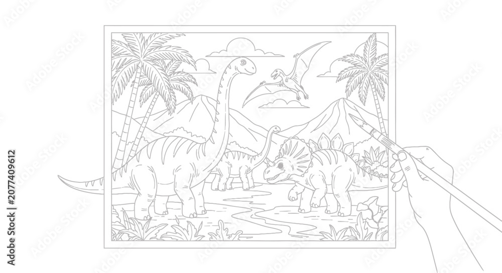 Fototapeta premium Engaging coloring book page: prehistoric dinosaur landscape, various species. Hand with pencil, ready for kids' creative activity and educational fun.