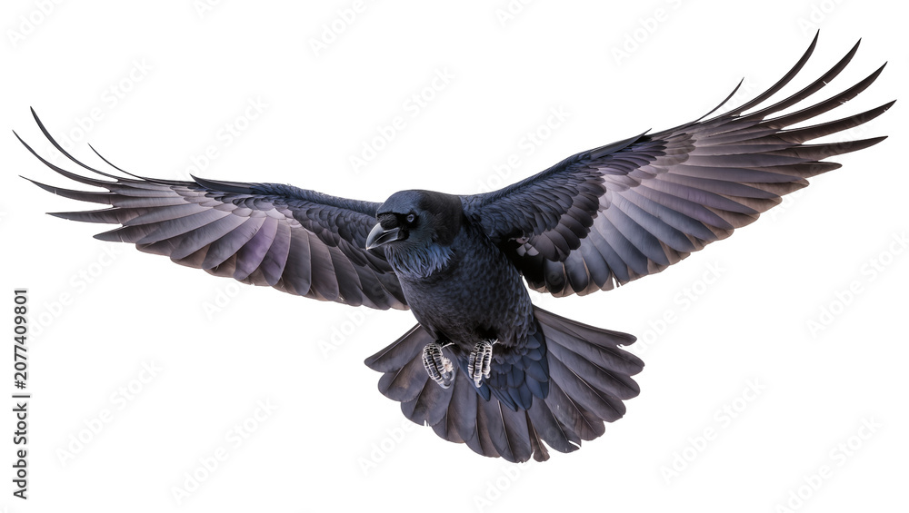 Obraz premium Black raven bird with spread wings flying