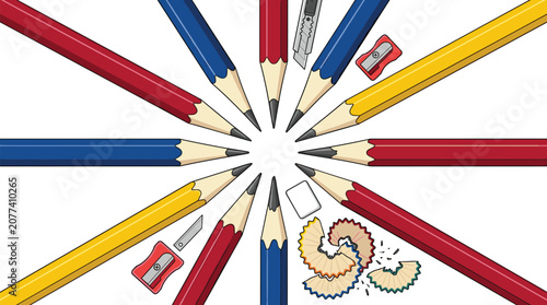 Tableau sur toile Primary Color Stationery Element Set with Circular Arranged Pencils, Sharpeners,