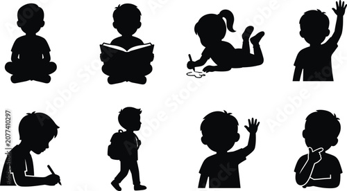 Tableau sur toile Collection of school children silhouettes engaged in learning activities like re