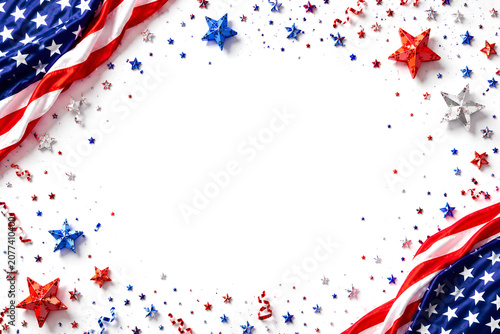 Close up folded American flag on weathered picnic table with ash and confetti fragments suggesting faded celebration and fabric detail for 4th of July