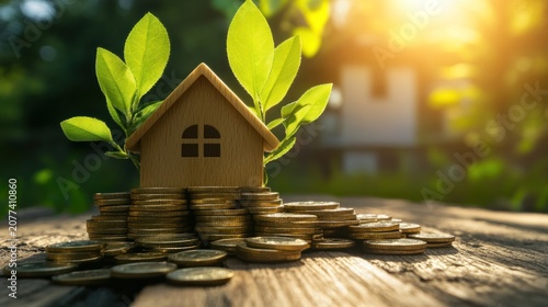 Wooden house model on stack of coins with green leaves representing investment homeownership and financial growth