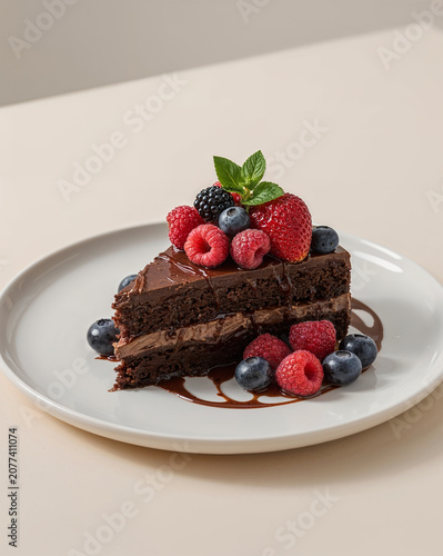 Bakery style Black Forest chocolate cake slice with strawberry and blueberry on white plate chocolate dessert food photography attractive wallpaper background image