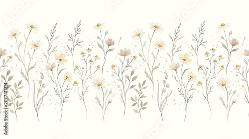 Delicate Watercolor Wildflowers Bouquet Illustration with Soft Petals and Green Stems on White Background