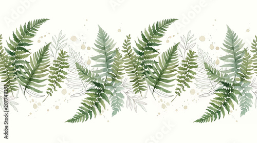 Illustration of Lush Green Fern Leaves Pattern on White Background Minimalist Style