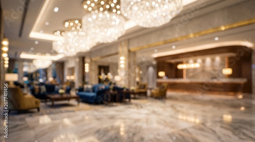Luxury hotel lobby blurred background bokeh interior lounge reception desk chandelier marble floor upscale architecture travel hospitality design