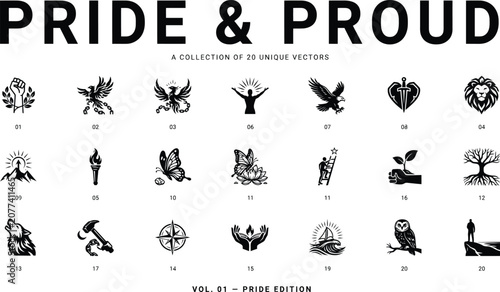 Bild auf Leinwand Pride Month Vector Icons, LGBTQ+ Symbols, 20 Unique Illustrations, Black and Whi