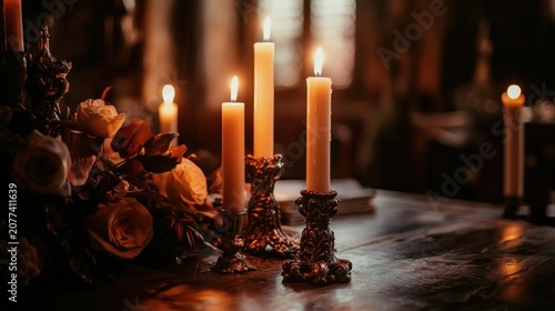 Ornate candle holders with flowers and candles romantic setting