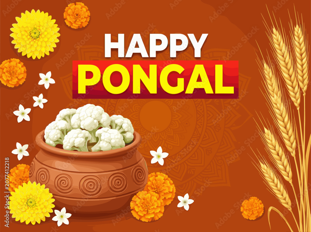 Fototapeta premium Happy Pongal Festival Celebration with Traditional Pot and Flowers