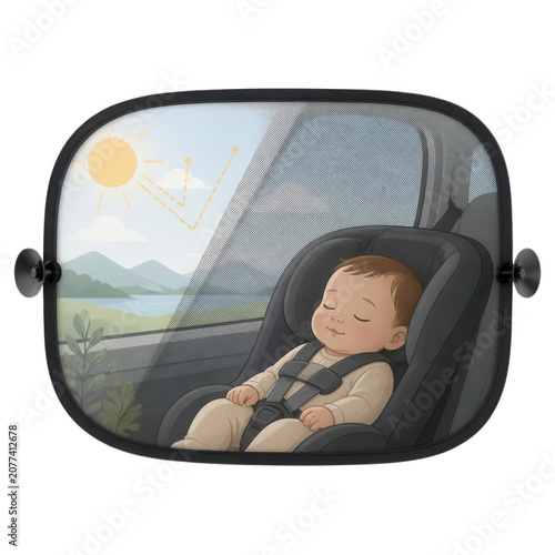 Sleeping Baby in Car Seat with Sunshade Protection