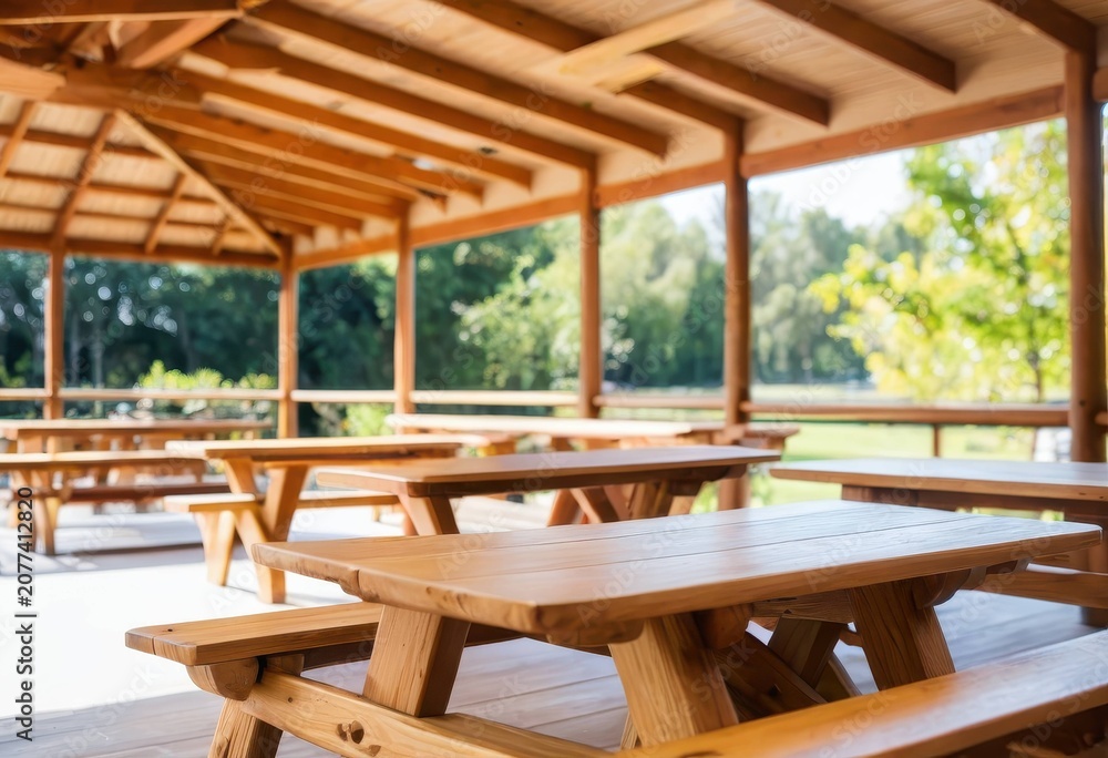 Fototapeta premium Spacious outdoor rest area with a wooden deck surrounded by nature