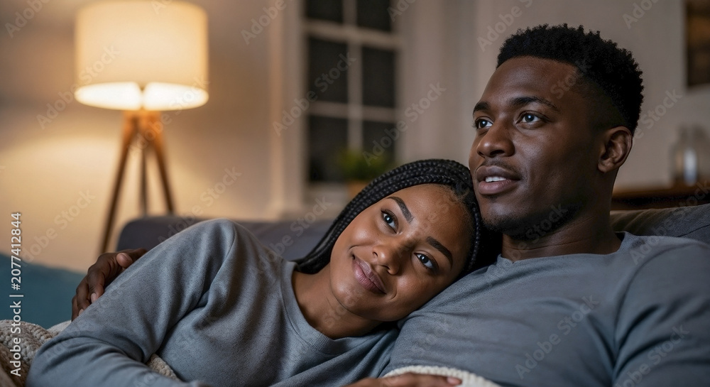 Fototapeta premium Couple watching movie, African American pair relaxing on cozy sofa in ambient home setting. Happy couple watching movie, woman leaning on man's shoulder, enjoying shared entertainment together.