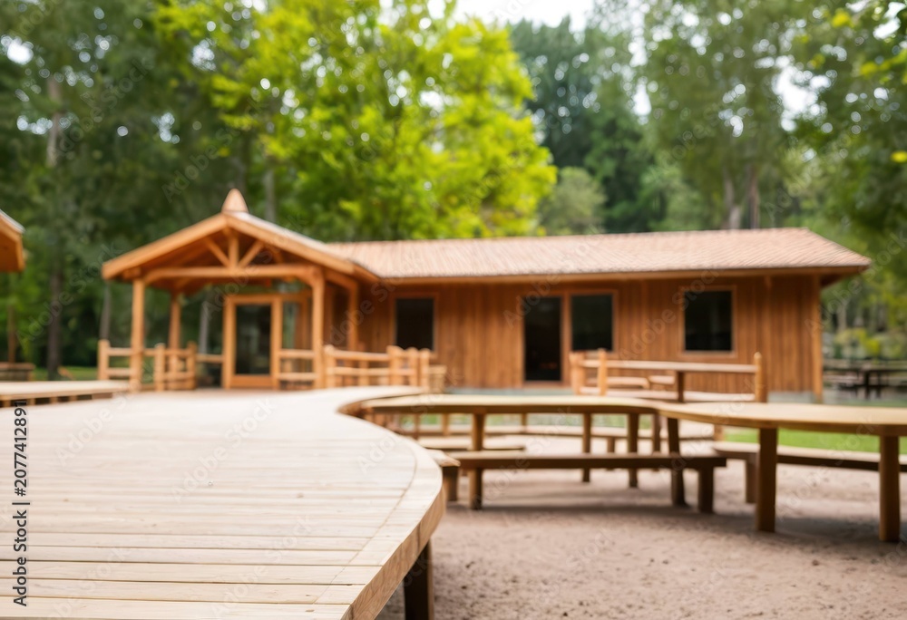 Fototapeta premium Spacious outdoor rest area with a wooden deck surrounded by nature