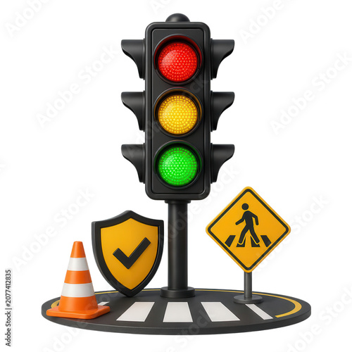 Traffic Signal, Pedestrian Crossing, Safety Shield, and Cone