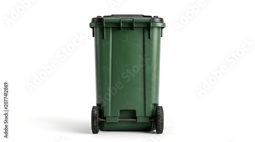 Standard green plastic outdoor wheeled waste bin with recycling container sanitation isolated disposal cleaning