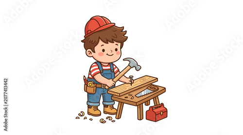 Young Boy Working with Hammer Tool.